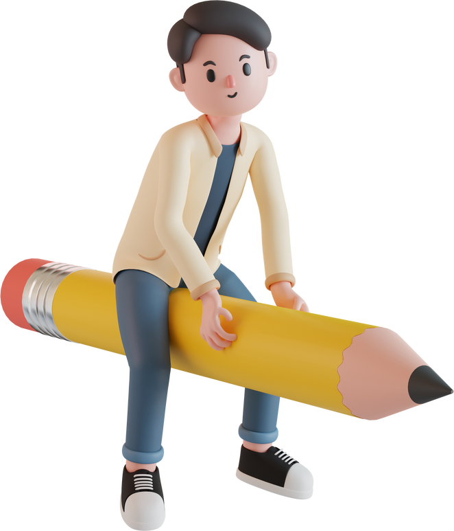 male character riding pencil 3d illustration